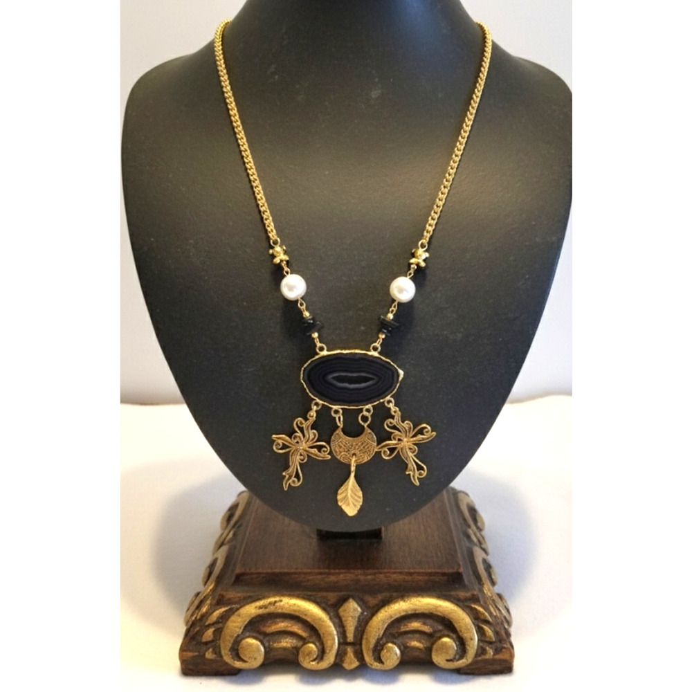 Bohemian Necklace Gold Tone Agate Beaded Metal‎ Statement Fashion Jewelry